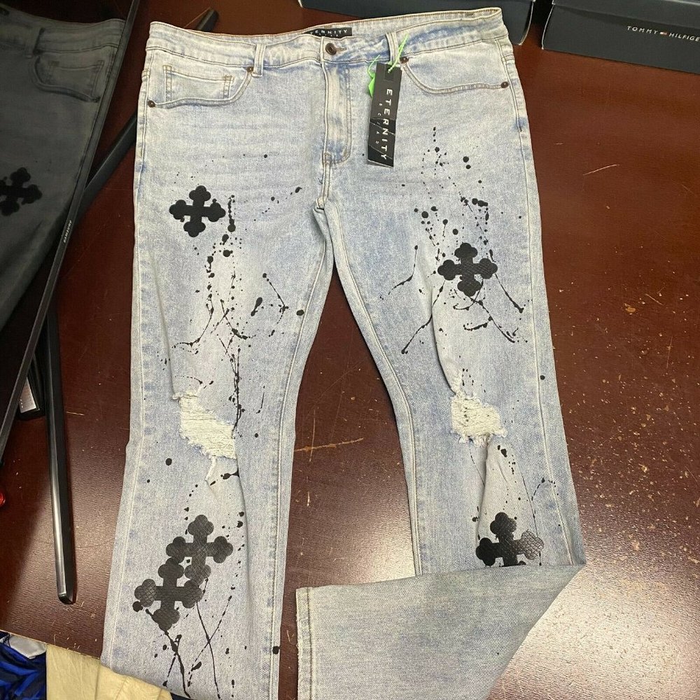 Eternity Mens Blue 5 Pocket Design Distressed Straight Leg Denim Jeans Size 38